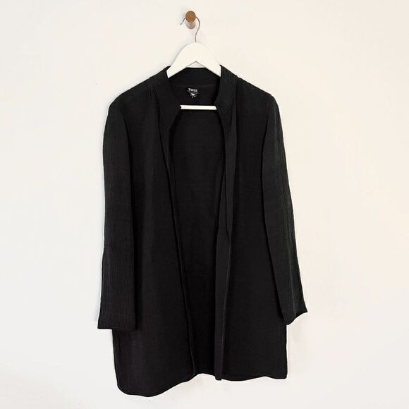 Eileen Fisher Black Sponged Silk Heavyweight Mid Length Open Jacket - Picture 2 of 6